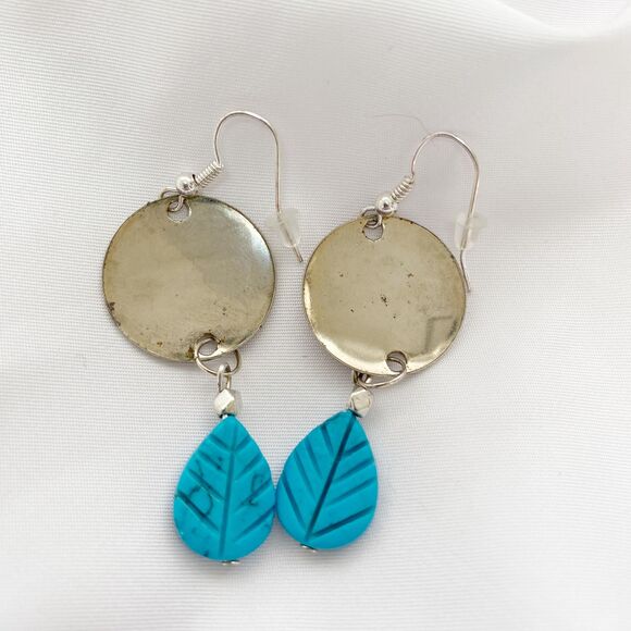 Handmade Upcycled Silver Religious Charm with Turquoise Leaf Dangle Earrings - Picture 2 of 3